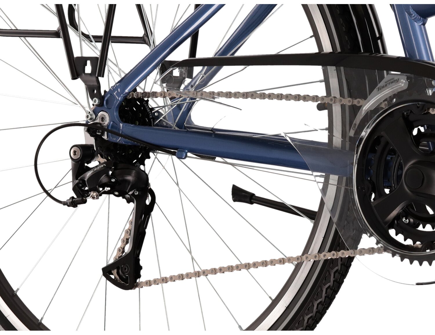  Tylna siedmiobiegowa przerzutka Shimano Acera T3000 oraz hamulce v-brake w rowerze trekkingowym damskim KROSS Trans 4.0 