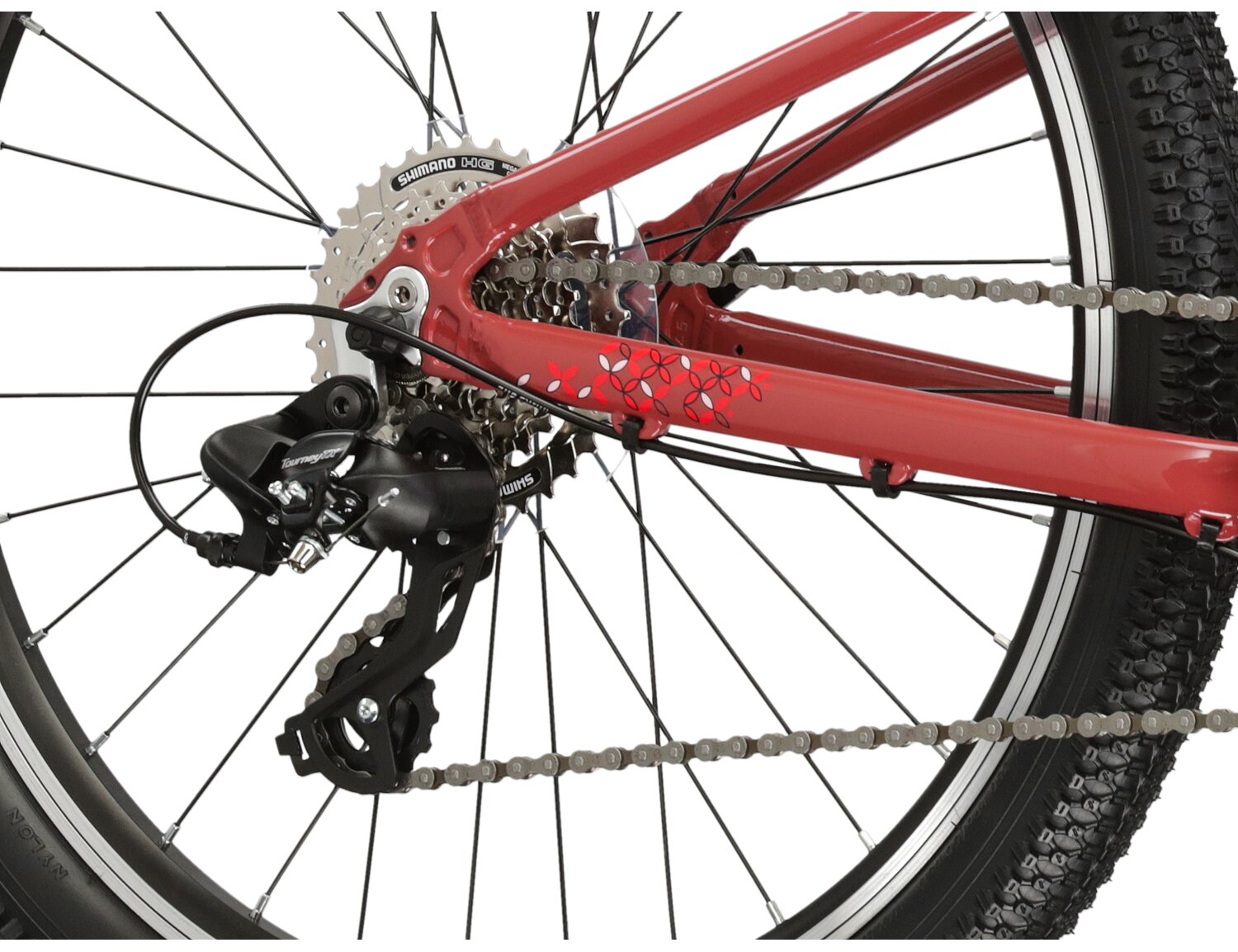  Tylna ośmiobiegowa przerzutka Shimano Tourney TX800 oraz hamulce v-brake w rowerze juniorskim KROSS Lea JR 1.0 