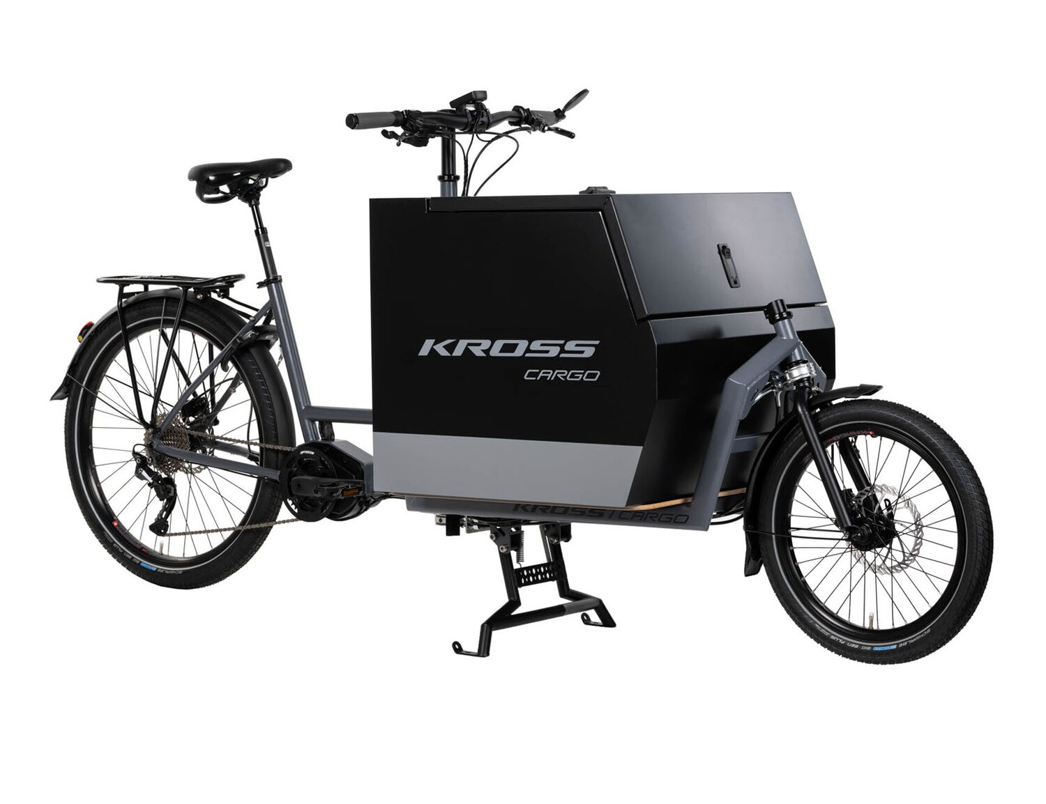  Elektryczny rower cargo Ebike KROSS E-Cargo 1.0 Business na stalowej ramie w kolorze szarym wyposażony w osprzęt Shimano oraz elektryczny napęd Oli 