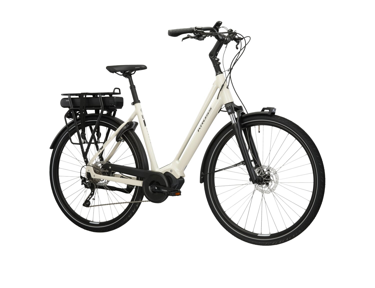  Elektryczny rower miejski Ebike City KROSS Sentio Hybrid 3.0 418 Wh UNI na aluminiowej ramie w kolorze kremowym wyposażony w osprzęt shimano i napęd elektryczny Shimano